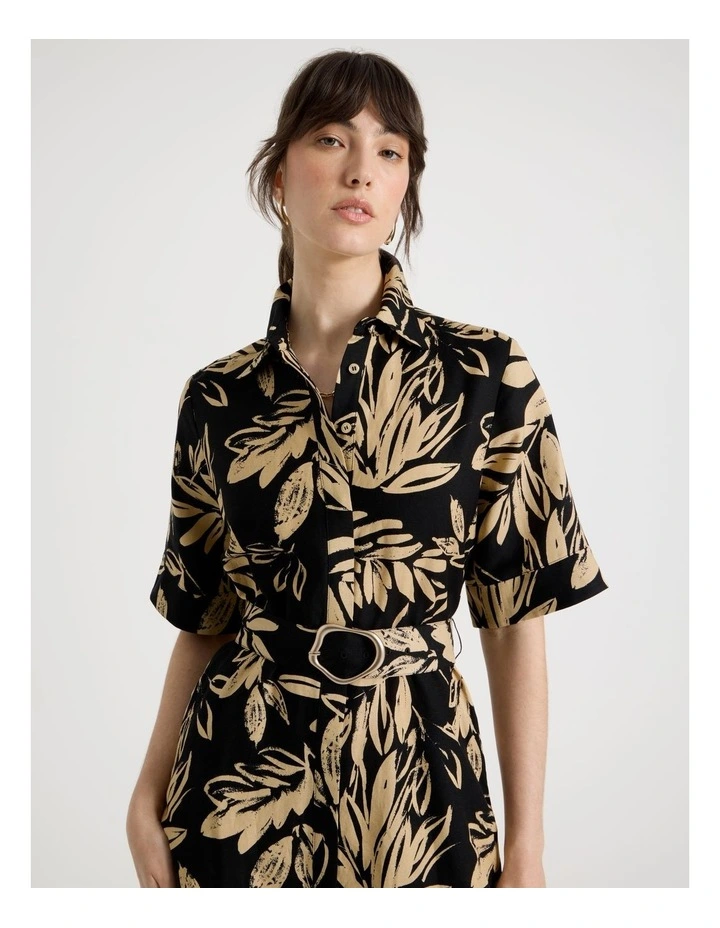 Short Sleeve Linen Blend Midi Shirt Dress in Black and Beige Leaf Print image 2
