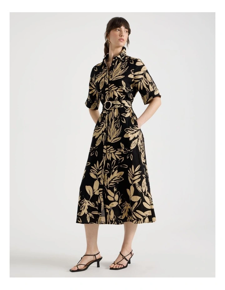 Short Sleeve Linen Blend Midi Shirt Dress in Black and Beige Leaf Print image 3