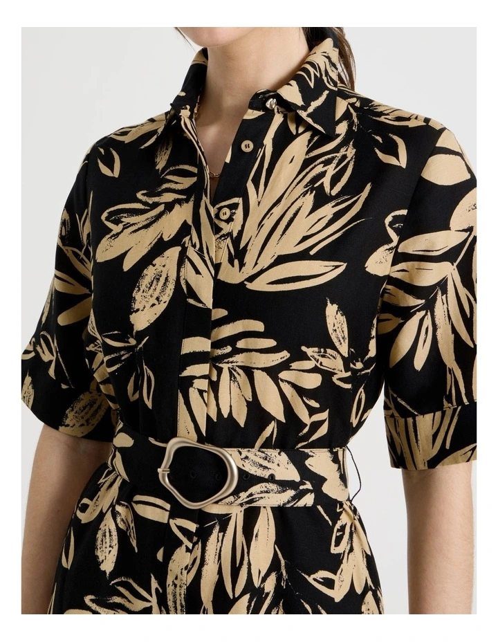 Short Sleeve Linen Blend Midi Shirt Dress in Black and Beige Leaf Print image 4