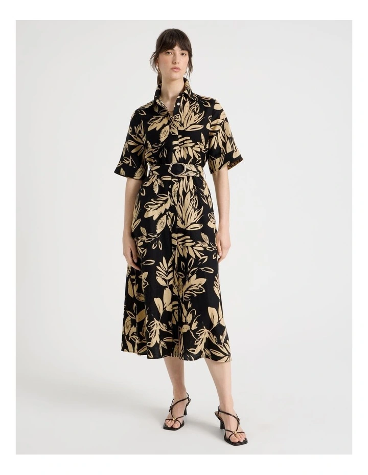 Short Sleeve Linen Blend Midi Shirt Dress in Black and Beige Leaf Print image 5