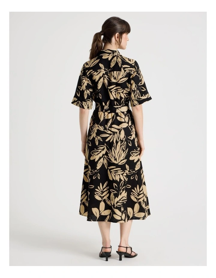 Short Sleeve Linen Blend Midi Shirt Dress in Black and Beige Leaf Print image 6