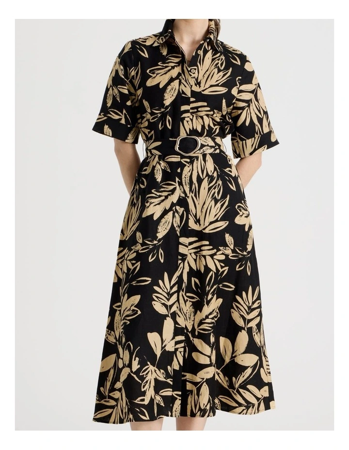 Short Sleeve Linen Blend Midi Shirt Dress in Black and Beige Leaf Print image 7