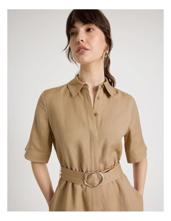 Short Sleeve Linen Blend Midi Shirt Dress in Light Brown image 2