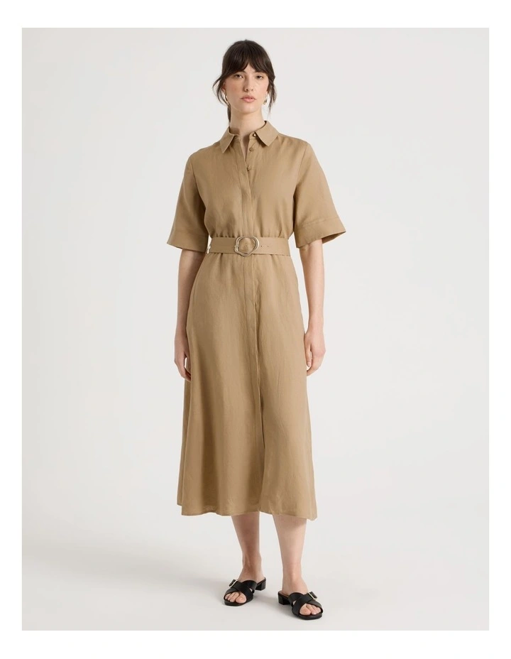 Short Sleeve Linen Blend Midi Shirt Dress in Light Brown image 3