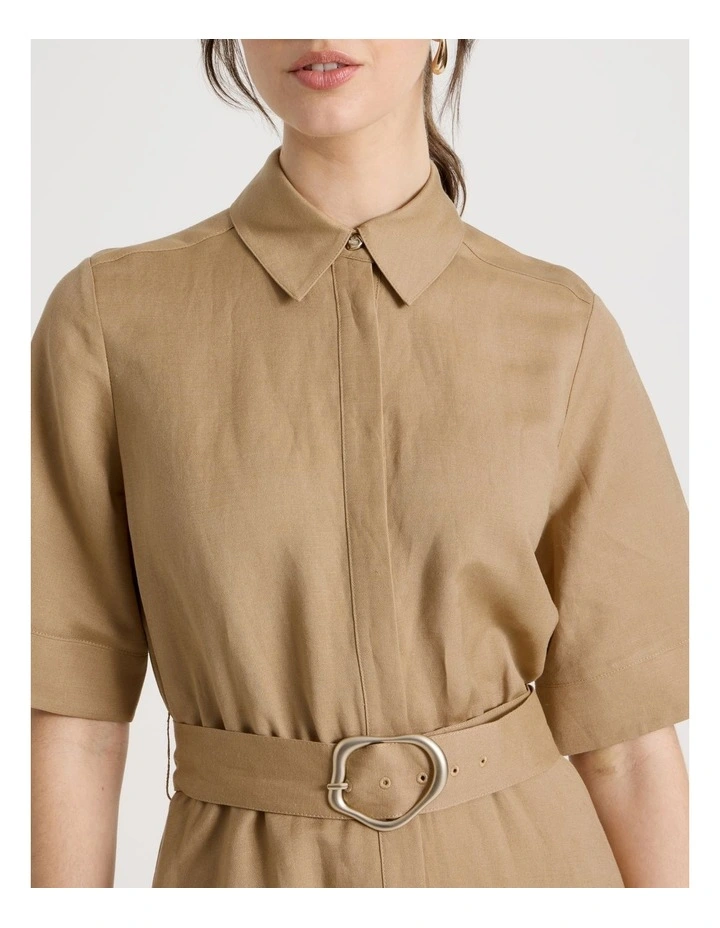 Short Sleeve Linen Blend Midi Shirt Dress in Light Brown image 4