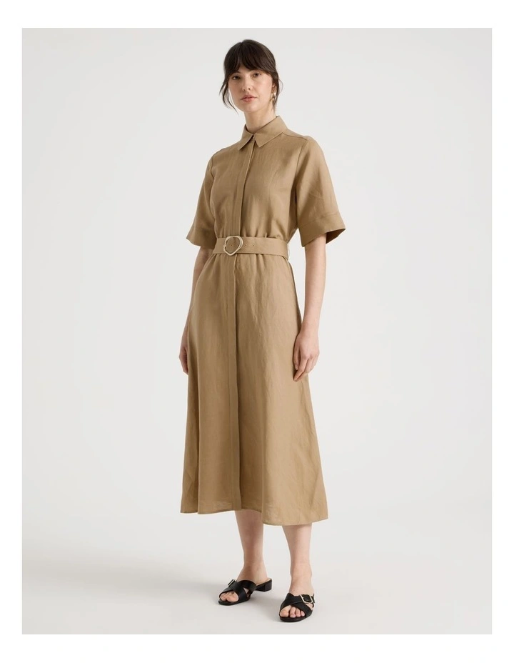 Short Sleeve Linen Blend Midi Shirt Dress in Light Brown image 5
