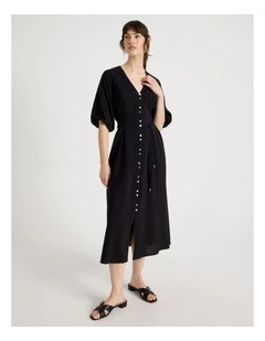 Short Sleeve Button Detail Midi Dress in Black