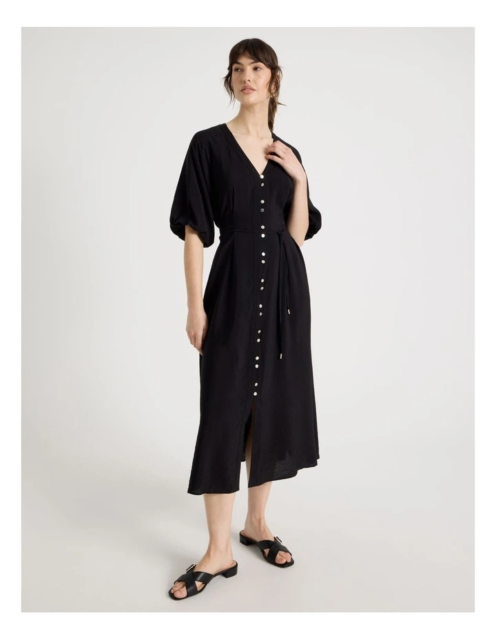 Short Sleeve Button Detail Midi Dress in Black image 1