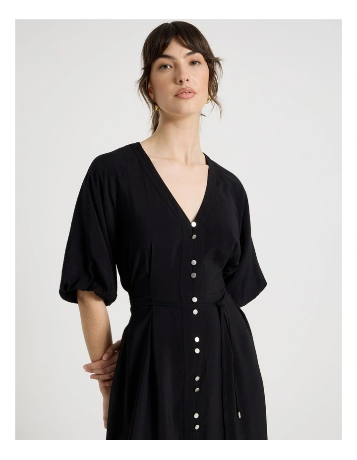 Short Sleeve Button Detail Midi Dress in Black image 2