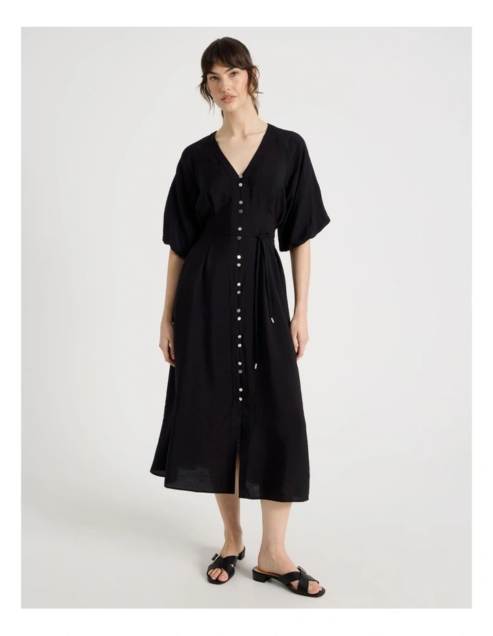 Short Sleeve Button Detail Midi Dress in Black image 3
