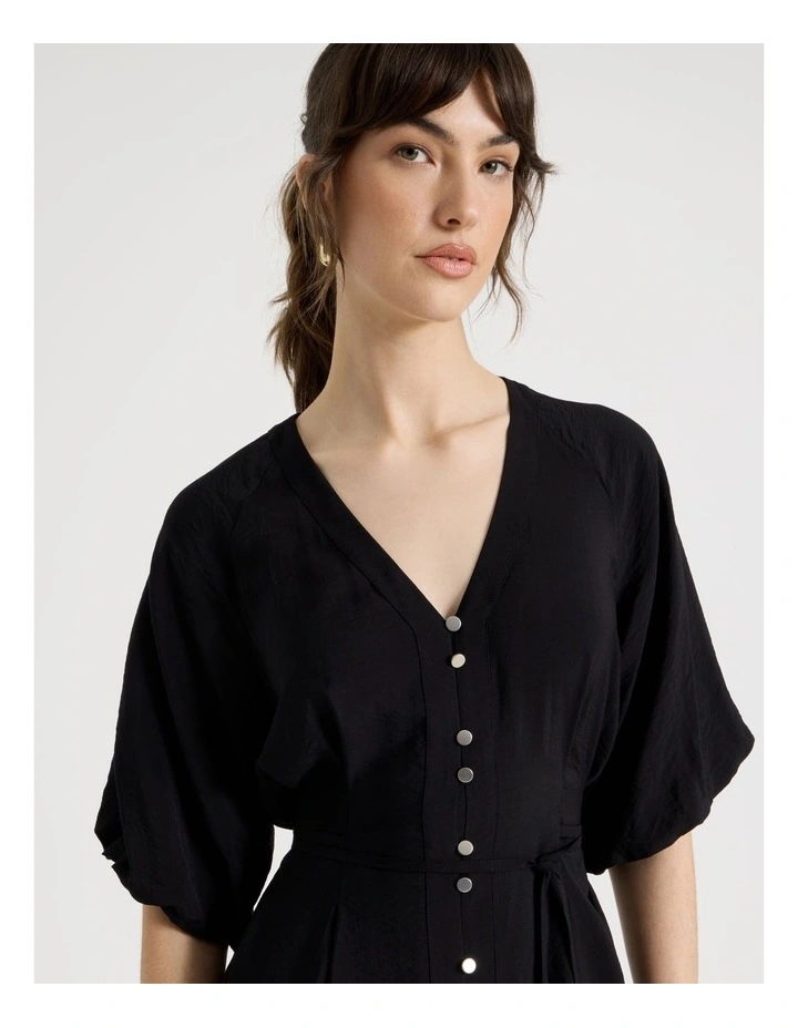 Short Sleeve Button Detail Midi Dress in Black image 4