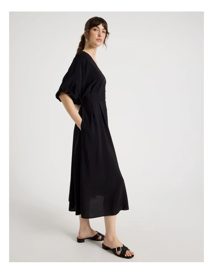 Short Sleeve Button Detail Midi Dress in Black image 5
