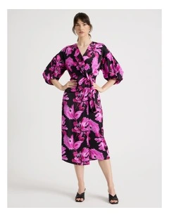 Short Sleeve Wrap Tuck Midi Dress in Pink Floral Print