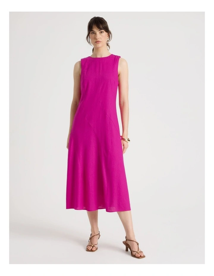 Sleeveless Linen Blend Panelled Midi Dress in Hot Pink image 3