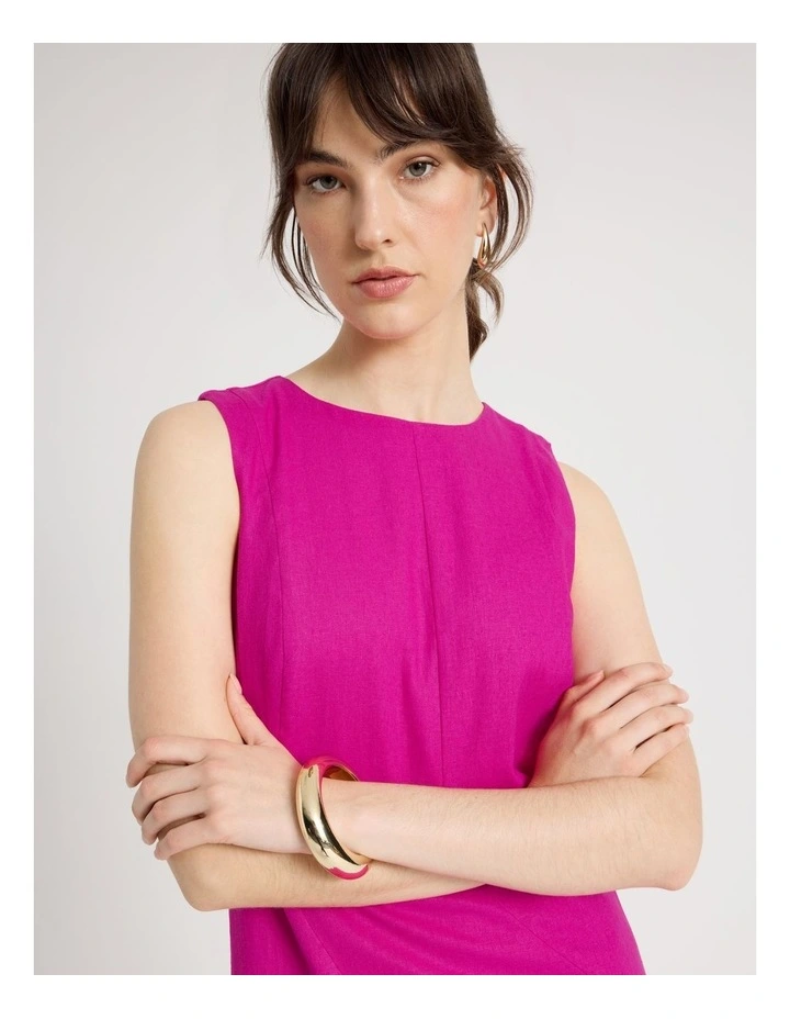 Sleeveless Linen Blend Panelled Midi Dress in Hot Pink image 4