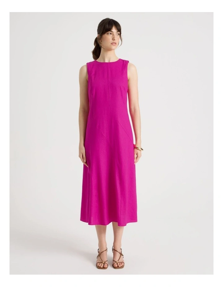 Sleeveless Linen Blend Panelled Midi Dress in Hot Pink image 5