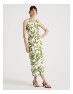 Sleeveless Tank Midi Dress in Ecru and Green Leaf Print