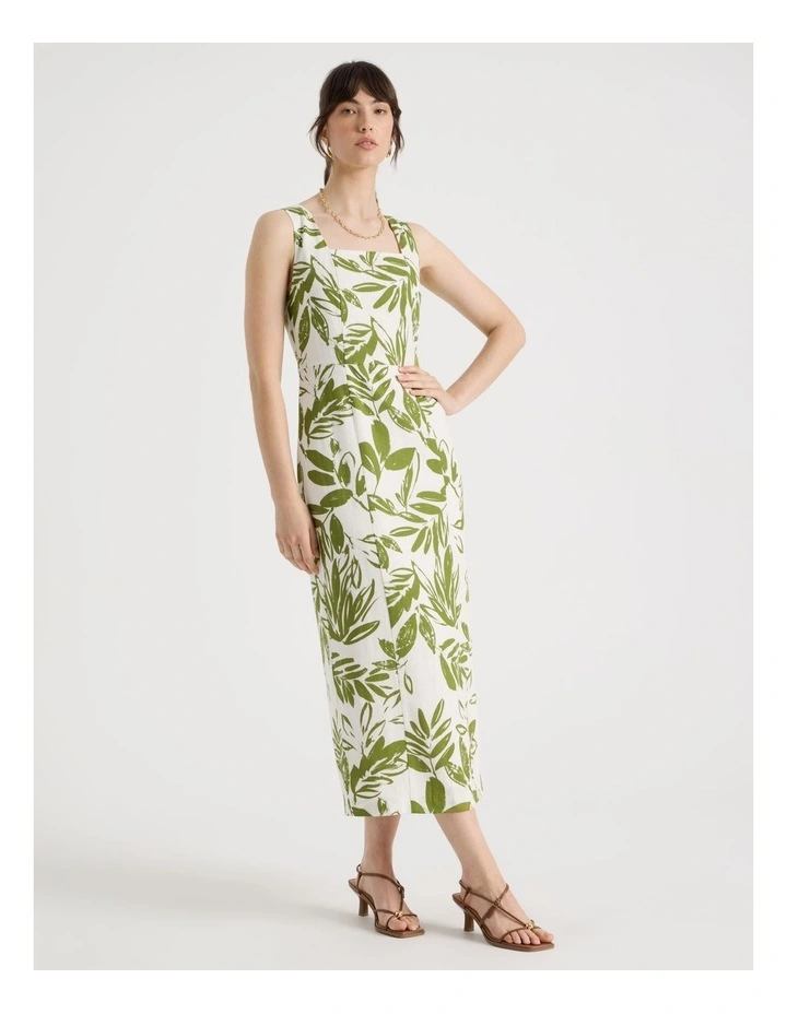 Sleeveless Tank Midi Dress in Ecru and Green Leaf Print image 1