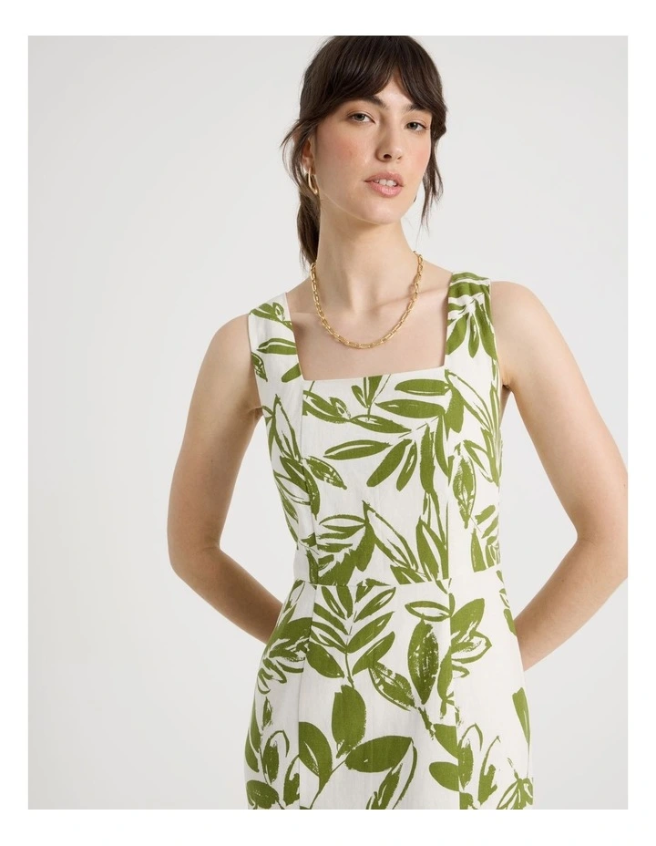 Sleeveless Tank Midi Dress in Ecru and Green Leaf Print image 2
