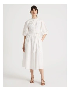 Short Sleeve Crisp Tuck Poplin Midi Dress in White