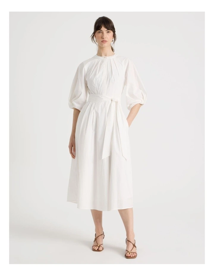 Short Sleeve Crisp Tuck Poplin Midi Dress in White image 1