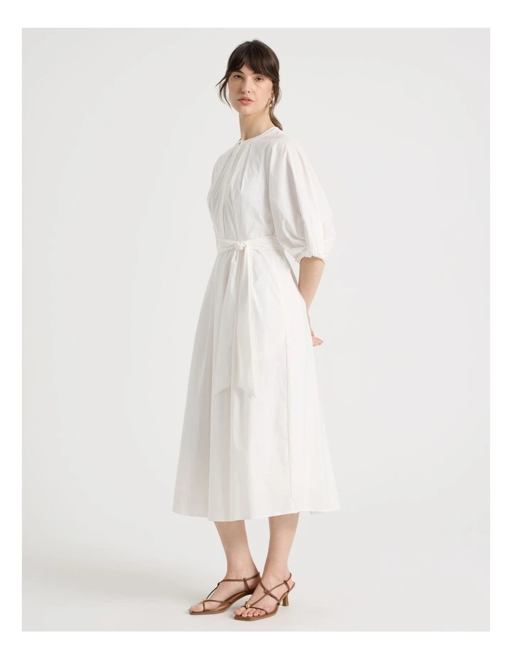 Short Sleeve Crisp Tuck Poplin Midi Dress in White image 3