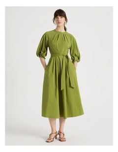Short Sleeve Crisp Tuck Poplin Midi Dress in Chartreuse