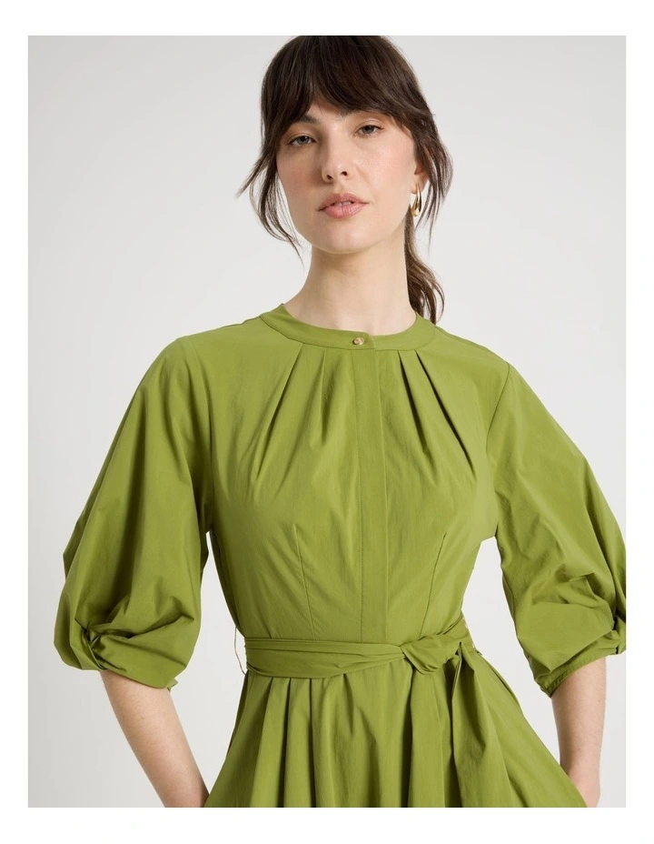 Short Sleeve Crisp Tuck Poplin Midi Dress in Chartreuse image 2