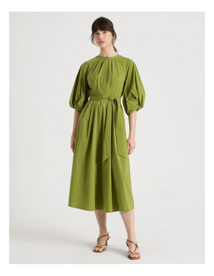 Short Sleeve Crisp Tuck Poplin Midi Dress in Chartreuse image 3