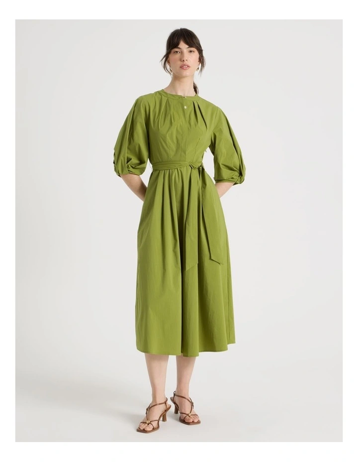 Short Sleeve Crisp Tuck Poplin Midi Dress in Chartreuse image 7