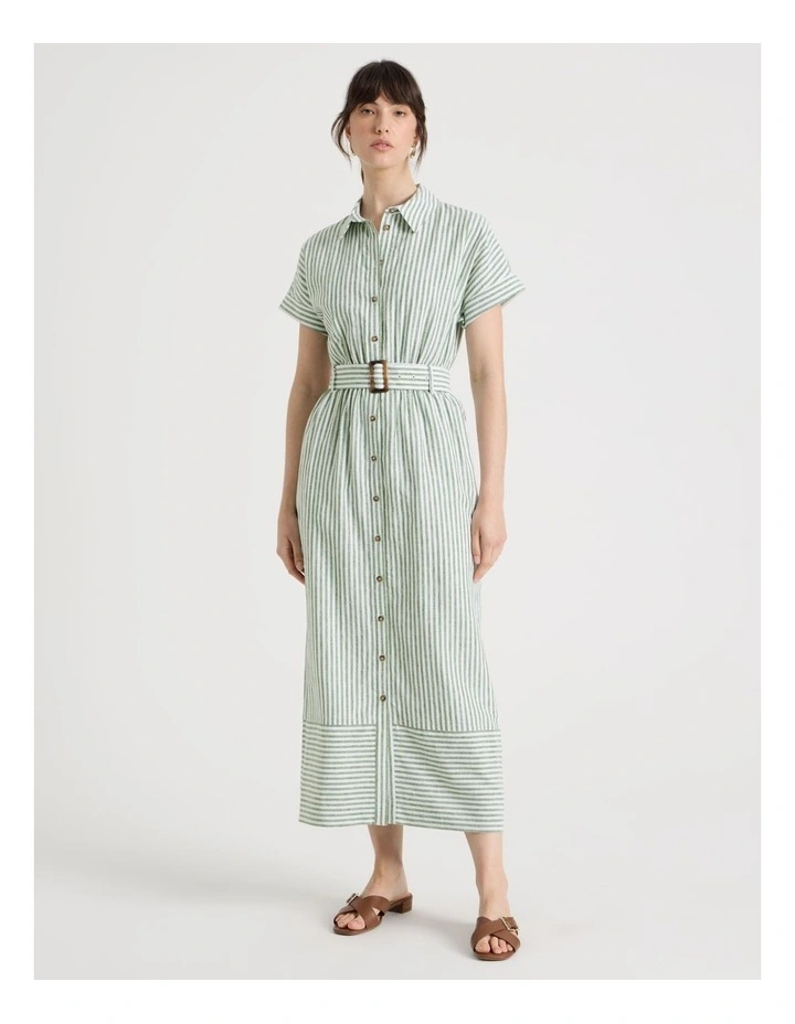 Short Sleeve Linen Blend Button Through Mini Dress in Cactus Stripe image 1