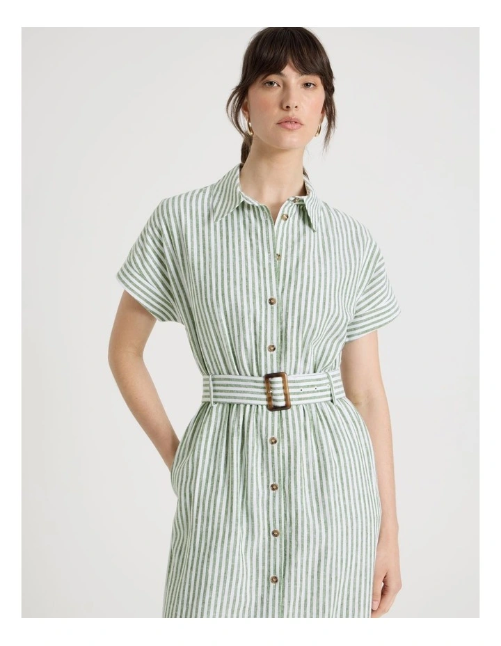 Short Sleeve Linen Blend Button Through Mini Dress in Cactus Stripe image 2