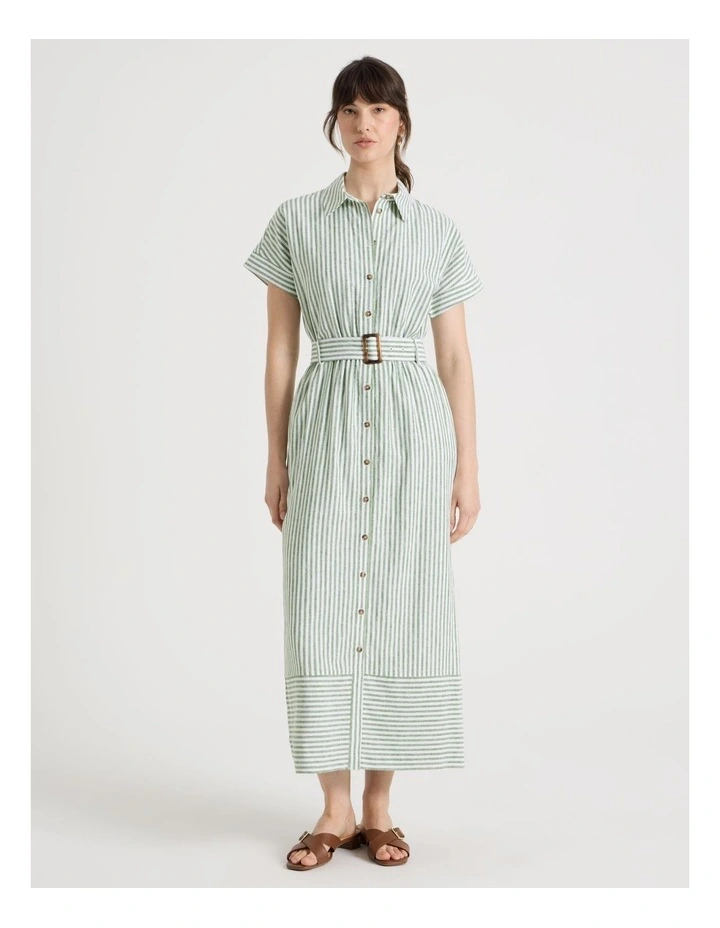 Short Sleeve Linen Blend Button Through Mini Dress in Cactus Stripe image 3