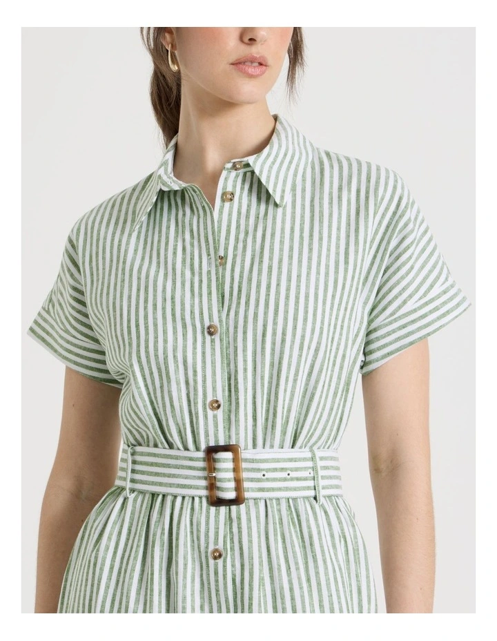Short Sleeve Linen Blend Button Through Mini Dress in Cactus Stripe image 4