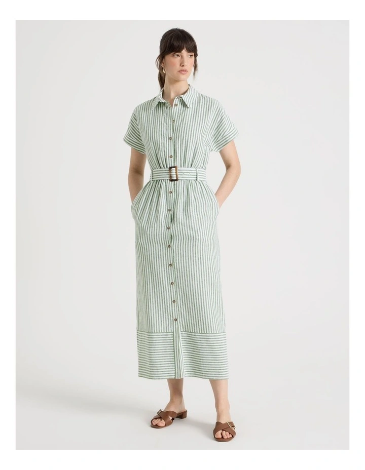 Short Sleeve Linen Blend Button Through Mini Dress in Cactus Stripe image 5