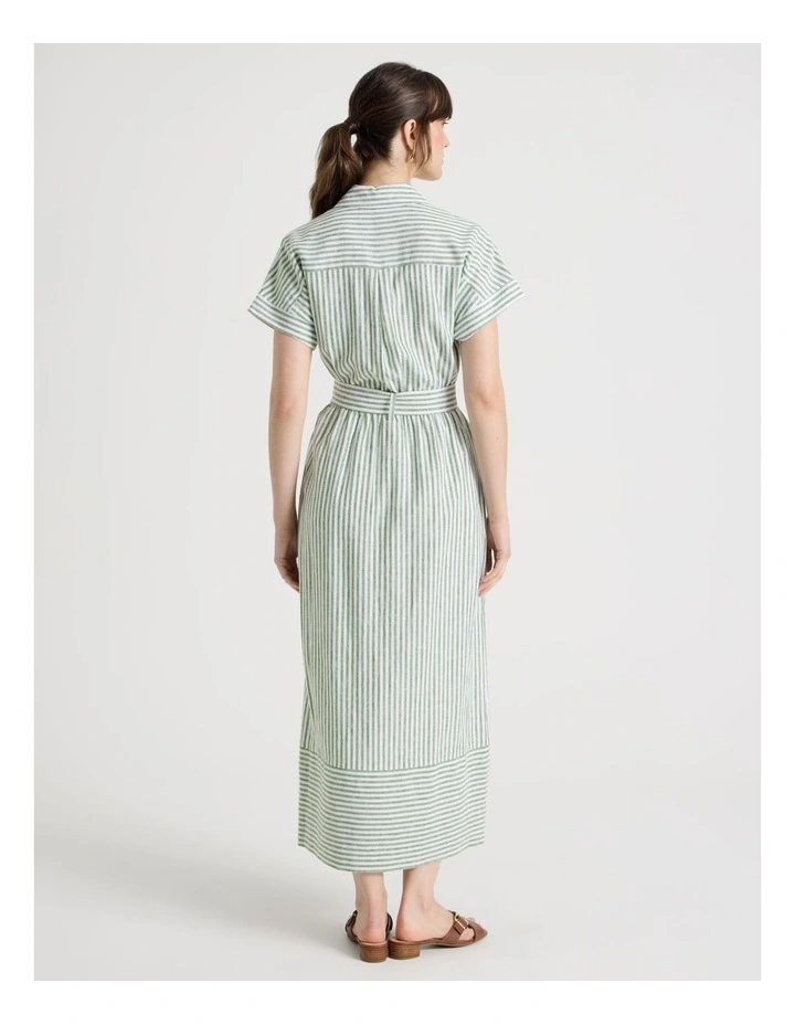 Short Sleeve Linen Blend Button Through Mini Dress in Cactus Stripe image 6