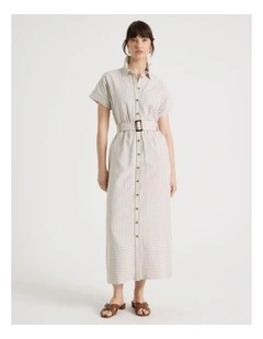 Short Sleeve Linen Blend Button Through Mini Dress in Beige Stripe