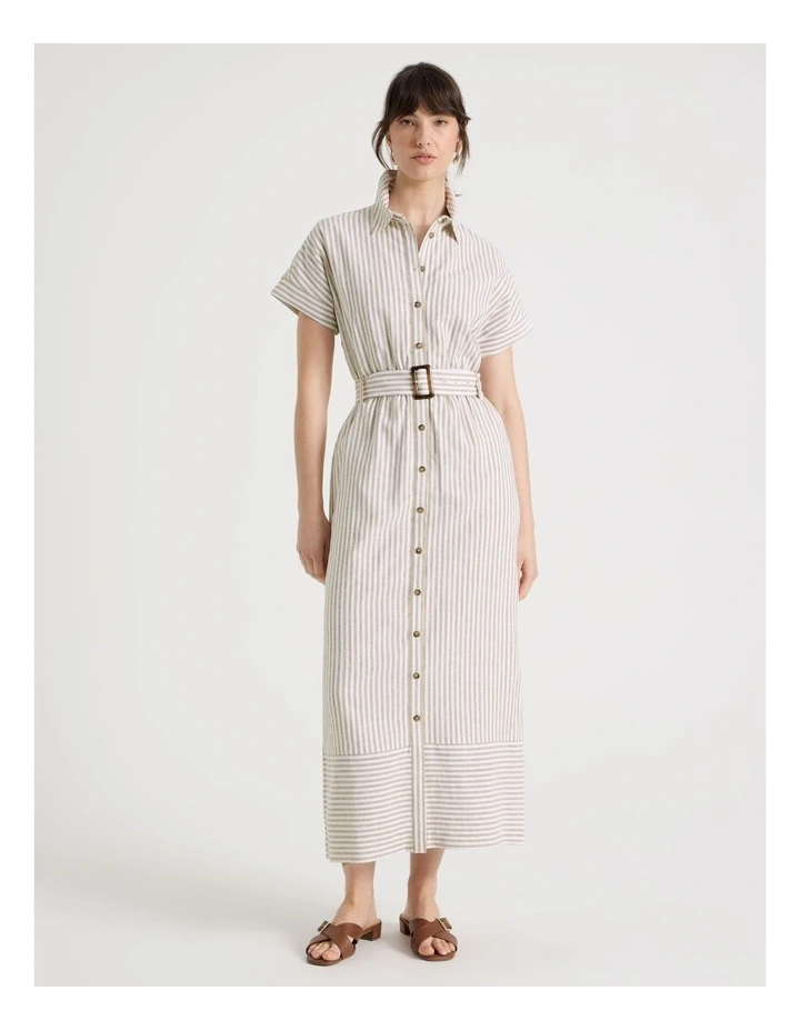 Short Sleeve Linen Blend Button Through Mini Dress in Beige Stripe image 1