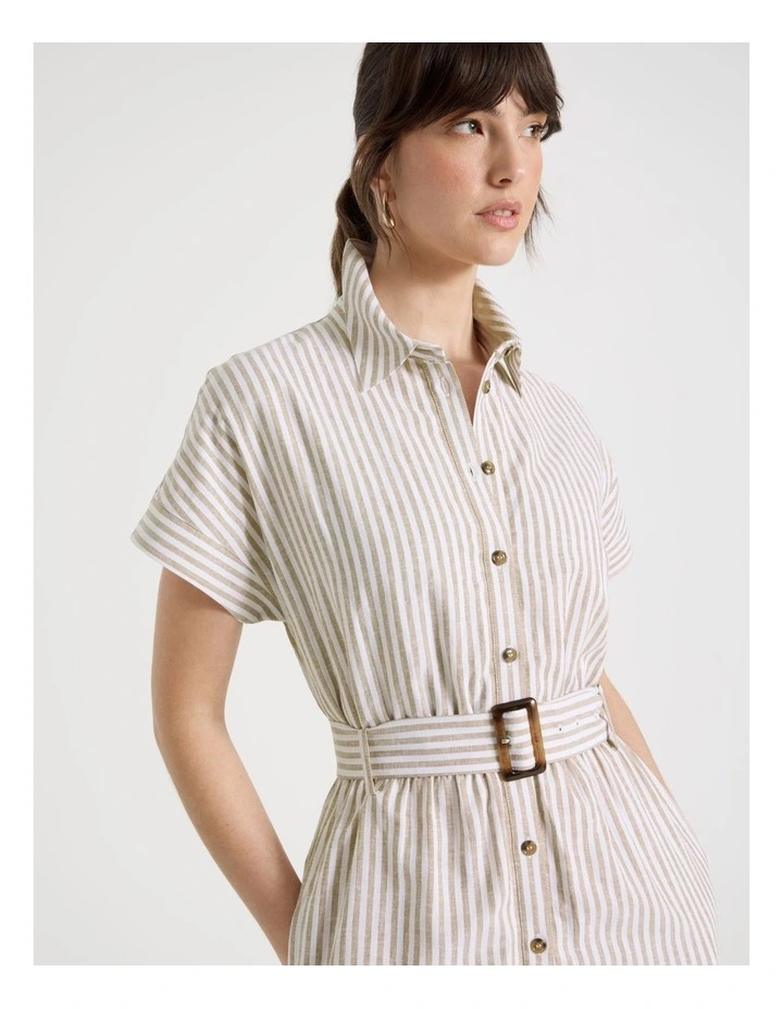 Short Sleeve Linen Blend Button Through Mini Dress in Beige Stripe image 2