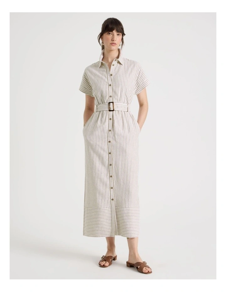 Short Sleeve Linen Blend Button Through Mini Dress in Beige Stripe image 3