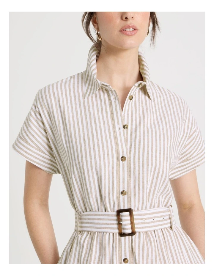 Short Sleeve Linen Blend Button Through Mini Dress in Beige Stripe image 4