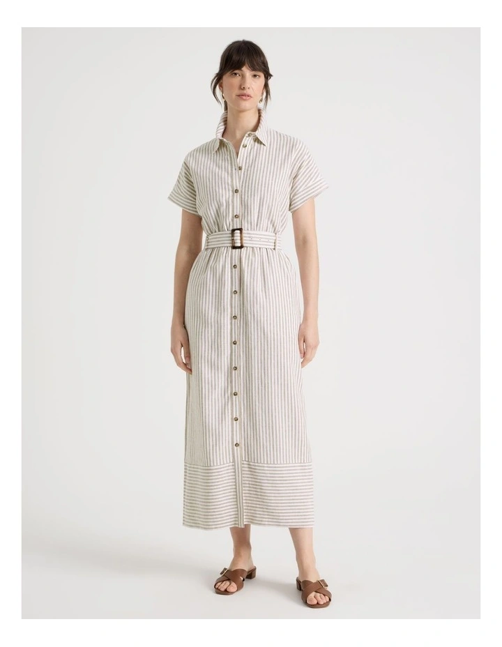 Short Sleeve Linen Blend Button Through Mini Dress in Beige Stripe image 5