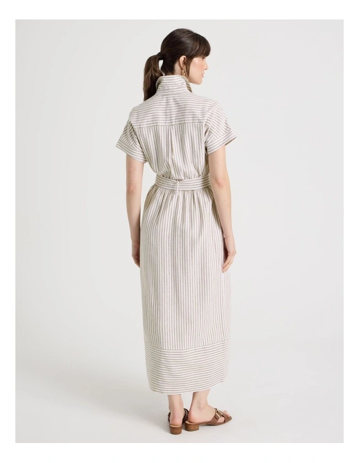 Short Sleeve Linen Blend Button Through Mini Dress in Beige Stripe image 6