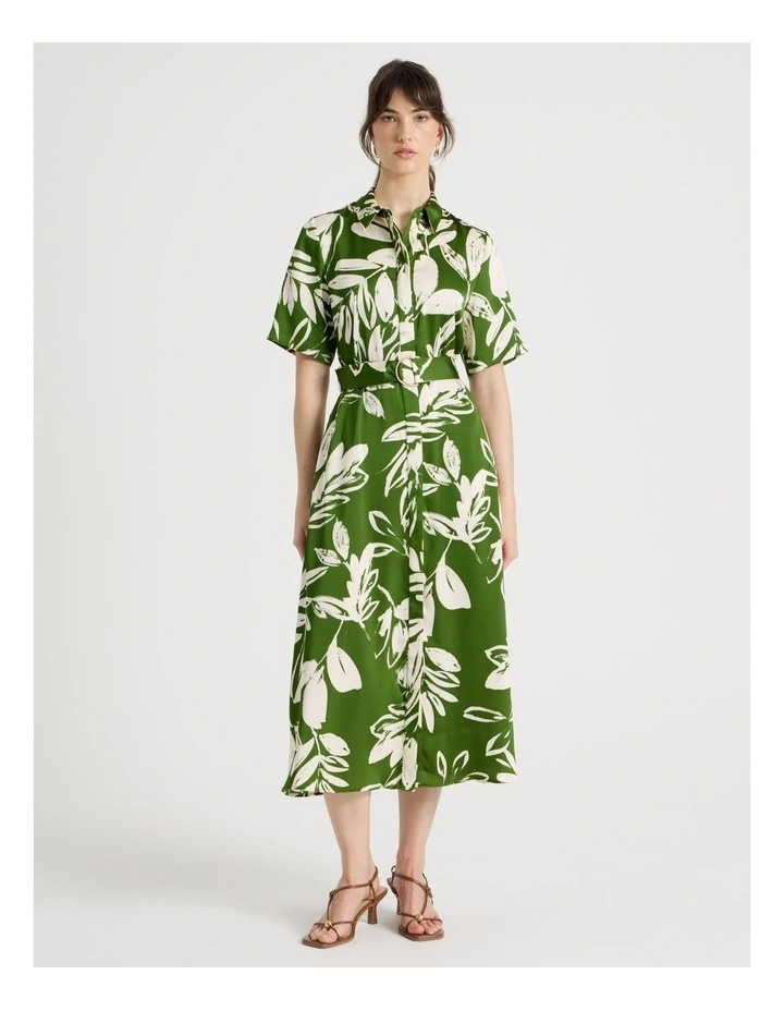 Short Sleeve Satin Midi Shirt Dress in Green Leaf Print image 1