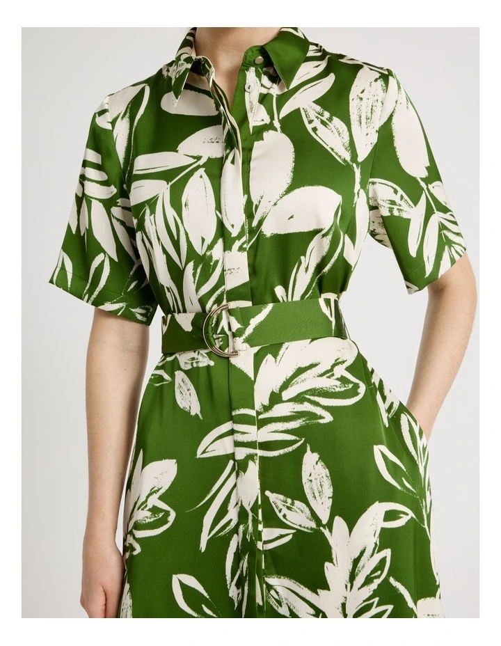 Short Sleeve Satin Midi Shirt Dress in Green Leaf Print image 3