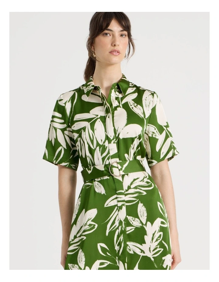 Short Sleeve Satin Midi Shirt Dress in Green Leaf Print image 4
