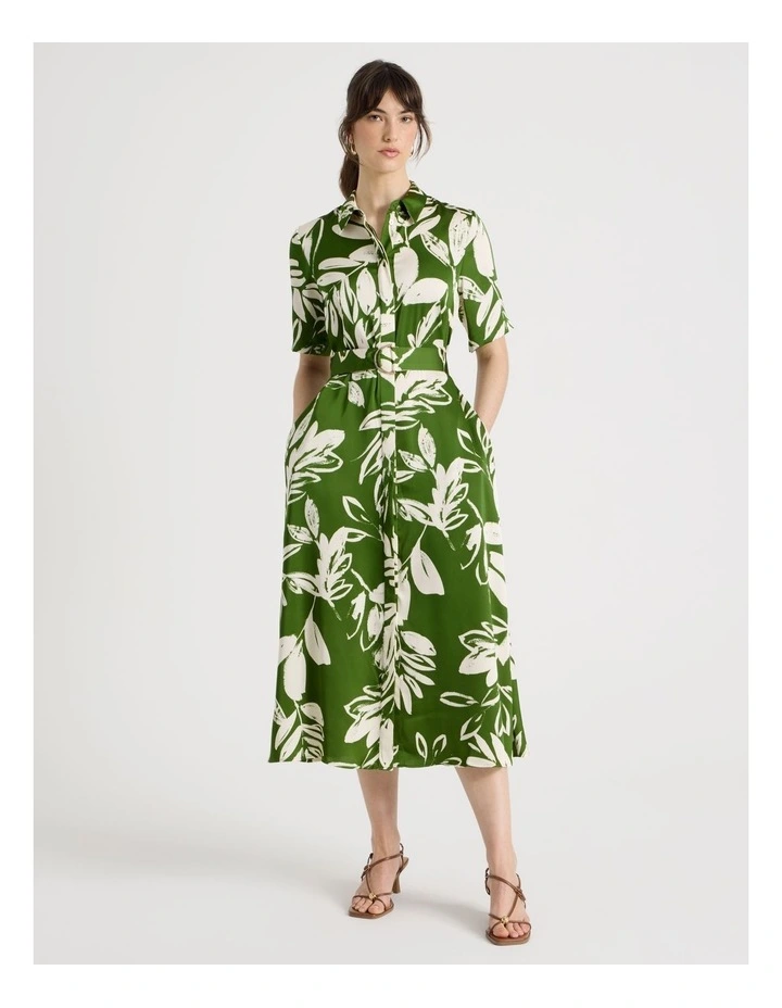 Short Sleeve Satin Midi Shirt Dress in Green Leaf Print image 5