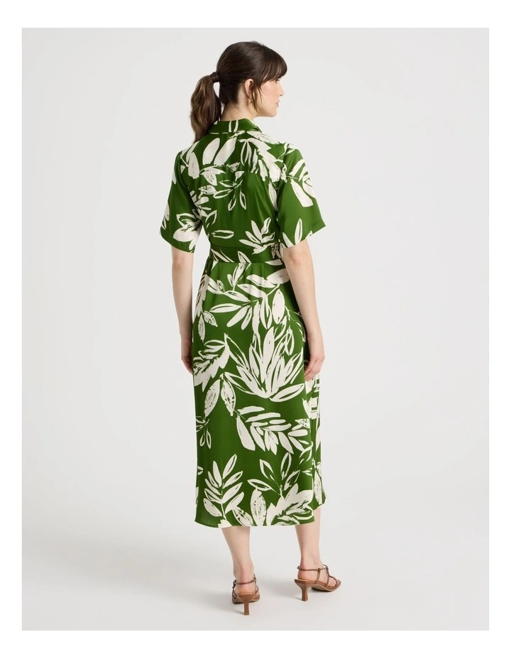 Short Sleeve Satin Midi Shirt Dress in Green Leaf Print image 6