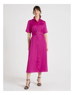 Short Sleeve Satin Midi Shirt Dress in Very Berry