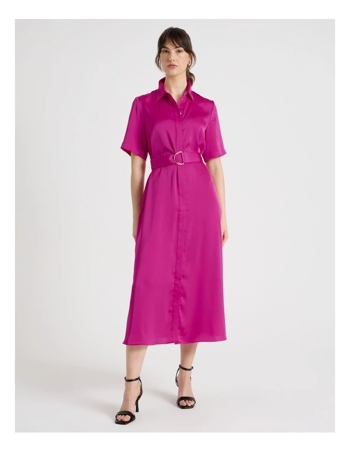 Short Sleeve Satin Midi Shirt Dress in Very Berry image 1